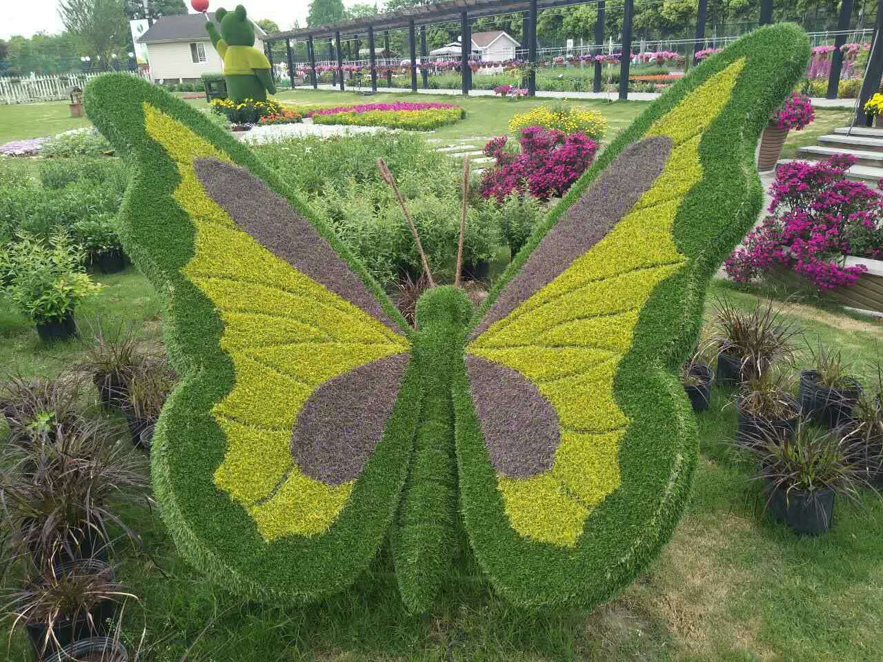 仿真植物蝴蝶雕塑，蝴蝶绿雕造型，真植物五色草绿雕