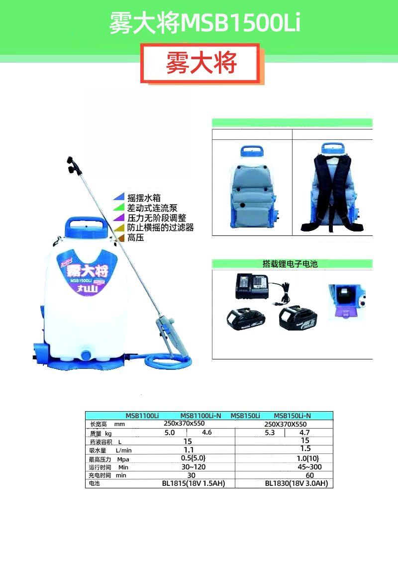 丸山雾大将MSB1500Li背负式电动便携喷雾器充电式消杀机