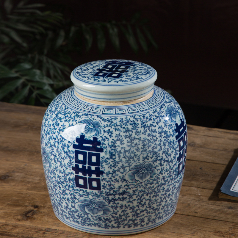 青花瓷双喜罐，景德镇陶瓷罐子生产厂家，恩城陶瓷